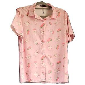 ROMWE Pink Short Sleeve Strawberry Milk Carton Print Novelty Shirt - Size Small